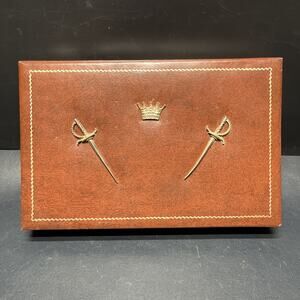 Vintage Dante Mens Jewelry Box Valet Box Faux Brown Leather, Swords & Crown